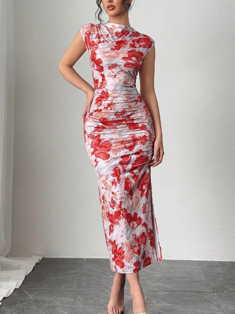 Red Elegant Women's Watercolor Floral Print Slim-Fit Knitted Pleated Midi Dress
